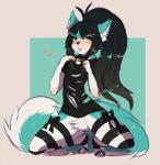 2018 alternative_fashion bell black_hair blush bow_(feature) canid canine clothed clothing collar crouching digital_media_(artwork) female flat_chested fredek666 fur hair heart_symbol inner_ear_fluff legwear long_hair looking_at_viewer mammal multicolored_body multicolored_fur naturally_censored pattern_clothing pattern_legwear pattern_stockings ponytail simple_background slim solo stockings striped_clothing striped_legwear striped_stockings stripes thigh_highs tongue tongue_out torn_clothing tuft two_tone_body two_tone_fur
