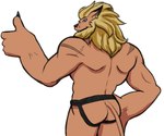 anthro blonde_hair clothing gesture hair hand_gesture jockstrap looking_at_viewer looking_back looking_back_at_viewer male mane muscular muscular_anthro muscular_male simple_background solo three-quarter_view thumbs_up underwear white_background thegreatmatsutzu bandai_namco digimon digimon_(species) felid leomon lion mammal pantherine portrait three-quarter_portrait