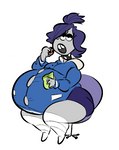 3_eyes 4_fingers anthro belly belly_overhang big_belly big_butt black_collar black_eyes blue_bottomwear blue_clothing blue_shorts blue_sweatshirt blue_topwear bottomwear breasts buckteeth butt chair choker clothed clothing collar cookie eating eating_food eyelashes female fingers food furniture grey_body grey_skin hair hair_over_eye half-closed_eyes holding_food holding_object jewelry legwear multi_eye narrowed_eyes necklace office_chair one_eye_obstructed open_mouth overweight overweight_female purple_hair short_hair shorts simple_background sitting solo spiked_collar spikes stockings sweatshirt teeth teeth_showing thick_thighs tight_clothing tight_topwear topwear white_background white_clothing white_legwear white_stockings boxmingle disney monsters_inc monsters_university pixar claire_wheeler monster