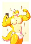 anthro bicep_curl bodily_fluids bulge cellphone clothing electronics flexing genital_fluids jockstrap male mirror_selfie muscular muscular_anthro muscular_male phone precum precum_through_clothing precum_through_underwear selfie simple_background solo star underwear wet wet_clothing white_background white_clothing white_underwear yellow_body banana_da_boi dan_(serex) lizard reptile scalie 2020 absurd_res hi_res