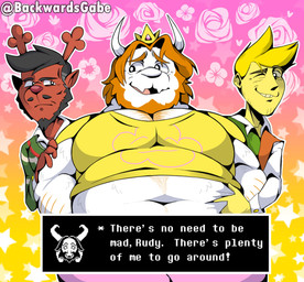 2_horns anthro antlers arm_hair beard belly_grab black_beard black_facial_hair black_hair black_mustache blonde_beard blonde_eyebrows blonde_facial_hair blonde_hair body_hair bottomwear brown_body brown_fur christmas_clothing christmas_sweater christmas_topwear clothing crown dialogue dialogue_box exclamation_point eyebrows facial_hair flower front_view fur gold_crown group hair headgear holidays horn male mustache navel one_eye_closed overweight overweight_anthro overweight_male pants pink_bottomwear pink_clothing pink_pants plant red_nose shirt smile sweater text topwear trio white_body white_fur wink yellow_body yellow_clothing yellow_shirt yellow_skin yellow_topwear backwardsgabe gabeheeler christmas deltarune undertale_(series) asgore_dreemurr flowery_(deltarune) rudolph_holiday bovid caprine deer elemental_creature flora_fauna flower_creature goat humanoid mammal new_world_deer reindeer 2026 absurd_res digital_drawing_(artwork) digital_media_(artwork) english_description english_text hi_res