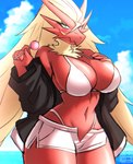 5_fingers anthro beach big_breasts bikini biped black_clothing black_jacket black_topwear blue_eyes blurred_background blush bottomwear breasts candy clothed clothed_anthro clothed_female clothing cloud dessert eyelashes female female_anthro fingers food glistening glistening_breasts hair hand_above_breast hand_on_breast holding_candy holding_food holding_lollipop holding_object jacket legs_together logo lollipop long_hair looking_at_viewer navel neck_tuft open_bottomwear open_clothing open_jacket open_shorts open_topwear outside pupils red_body shorts slit_pupils solo swimwear text thick_thighs thong_straps topwear tuft two-piece_swimsuit white_bikini white_bottomwear white_clothing white_shorts white_swimwear wide_hips sk3tchk4t nintendo pokemon blaziken generation_3_pokemon mammal pokemon_(species) 2024 artist_logo artist_name digital_drawing_(artwork) digital_media_(artwork) hi_res