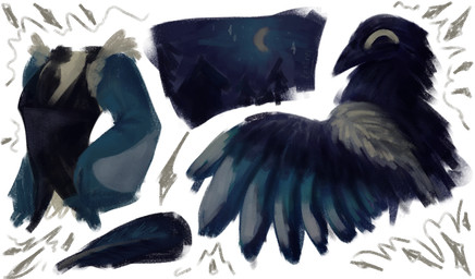 ambiguous_gender anthro beak black_body black_clothing black_eyes black_feathers blue_body blue_feathers building clothed clothing cloud crescent_moon dress evergreen_tree faceless_character feathered_wings feathers feral forest front_view house light looking_at_viewer moon moonlight multicolored_body multicolored_feathers nature nature_background night pine_tree plant side_view simple_background sky solo star starry_sky tail tail_feathers topwear tree white_body white_feathers winged_arms wings kestrel_(artist) avian bird corvid corvus_(genus) crow magpie_(corvid) oscine passerine 2026 colored colored_sketch digital_media_(artwork) painting_(artwork) sketch sketch_page