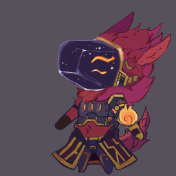 anthro armor bottomwear chibi clothing fire gauntlets gloves gold_(metal) handwear machine male prosthetic prosthetic_arm prosthetic_limb skirt solo standing seamygouda ember_(skiddy) protogen 1:1 full-length_portrait hi_res portrait