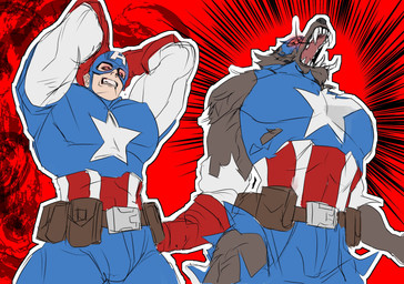 anthro armor bodysuit brown_body brown_fur clothing fur headgear helmet lycanthropy male muscular muscular_anthro muscular_male pecs sharp_teeth skinsuit solo superhero teeth tight_clothing torn_clothing transformation r2_heimer marvel marvel_rivals mythology captain_america capwolf canid canine canis human mammal mythological_canine mythological_creature werecanid werecanine werecreature werewolf wolf hi_res