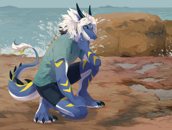anthro arm_markings black_bottomwear black_claws black_clothing black_horn black_pants black_sclera blue_body blue_clothing blue_eyes blue_shirt blue_t-shirt blue_topwear bottomwear claws clothed clothing hair horn kneeling looking_at_viewer male markings on_one_knee outside pants puddle rock seaside shirt sky solo spiked_tail spikes spikes_(anatomy) splash t-shirt tail tail_tuft topwear tuft unsigned water white_hair yellow_body yellow_markings corzh77 mythology ausen dragon mythological_creature mythological_scalie scalie absurd_res full-length_portrait hi_res portrait