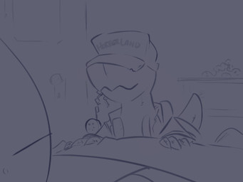 ?_face anthro bed clothing duo electricity furniture hat headgear headwear lightning male plushie spinater goosebumps anon creep!anon animate_inanimate creep_(goosebumps) human lizard mammal reptile scalie 2d_animation 4:3 animated monochrome
