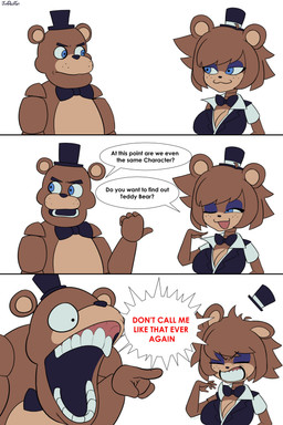 :3 angry anthro big_breasts black_clothing black_hat black_headwear black_nose blue_eyes breasts brown_body brown_fur brown_hair cleavage clothed clothing crossgender dialogue duo eye_contact eyeshadow female fingers freckled_face freckles fur gesture hair hand_gesture hat headgear headwear humor looking_at_another machine makeup male mtf_crossgender one_eye_closed open_mouth pointing pointing_at_another purple_eyeshadow short_hair simple_background smile text top_hat white_background wink junpainter five_nights_at_freddy's fredina's_nightclub scottgames freddy_(fnaf) frenni_(cryptiacurves) animatronic bear mammal robot 2025 absurd_res comic digital_media_(artwork) english_text hi_res
