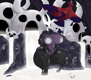 2_horns ambiguous_gender anthro areola belly big_areola big_breasts biped black_body black_eyes black_neck breasts cave cloak clothing empty_eyes female genitals grey_nipples horn hot_spring inverted_nipples melee_weapon mouth_closed nipples nude nude_female partially_submerged red_clothing rock solo standing sword thick_thighs thread vulva water weapon white_head the_demon_women hollow_knight_(franchise) team_cherry hornet_(hollow_knight) zote_(hollow_knight) arthropod 2025 digital_media_(artwork) hi_res male_(lore)