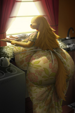 5_fingers anthro appliance apron bacon beverage big_breasts big_butt black_nose blonde_hair breasts butt clothed clothing coffee coffee_cup container cup curtains dress female female_anthro fingers floral_print floral_print_dress food fried_egg fur furgonomic_dress furgonomics hair hair_over_eyes huge_breasts huge_butt hyper hyper_breasts inside kitchen_appliance kitchen_counter kitchen_sink long_hair looking_back meat oven red_curtains sausage sink solo standing teapot window yellow_body yellow_fur liodimor canid canine canis domestic_dog mammal 2026 hi_res