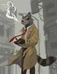 anthro biped bottomwear city clothing holding_object humanoid_hands male markings necktie outside pants ring_(marking) ringed_tail shirt smoking solo striped_markings striped_tail stripes tail tail_markings topwear neungsonie tails_noir howard_lotor mammal procyonid raccoon 2019 hi_res