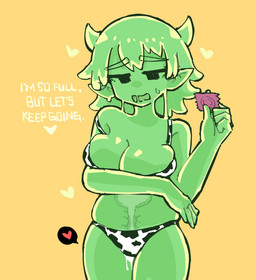 animal_print animal_print_bikini arm_supporting_own_breasts big_breasts bikini bodily_fluids breast_squish breasts clothing condom cow_print cow_print_bikini cum cum_overflow cum_smuggling dialogue female genital_fluids green_body heart_symbol holding_condom holding_object horn leaking_cum looking_pleasured pattern_bikini pattern_clothing pattern_swimwear pointy_ears requesting sex_request sexual_barrier_device shoulder_length_hair slime solo squish sweat swimwear text translucent two-piece_swimsuit uterus_view lunatheri ranna_(lunatheri) goo_creature goo_humanoid humanoid absurd_res english_text hi_res