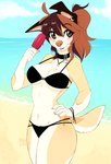 5_fingers anthro beach bikini bikini_bottom bikini_top biped breasts brown_eyes brown_hair clothed clothed_anthro clothed_female clothing cloud collar countershade_torso countershading day ear_piercing female fingernails fingers food front_view fur hair hand_on_hip holding_food holding_object holding_popsicle jewelry looking_aside multicolored_hair nails navel necklace orange_hair outside piercing popsicle sand sea sky smile solo standing swimwear tail tan_body tan_fur tan_tail two-piece_swimsuit water wolflady danika_(wolflady) canid canine canis domestic_dog mammal 2025 digital_media_(artwork)