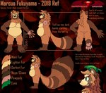 4_toes 5_fingers anthro belly big_tail brown_arms brown_background brown_body brown_claws brown_ears brown_fur brown_markings brown_nose claws eyebrows facial_markings feet finger_claws fingerpads fingers fluffy fluffy_eyebrows fluffy_tail fur green_eyes head_markings head_tuft huge_tail leaf leg_markings male markings neck_tuft overweight overweight_anthro overweight_male pawpads pink_pawpads plantigrade ring_(marking) simple_background snout snout_markings socks_(marking) solo tail tan_belly tan_body tan_eyebrows tan_fur tan_inner_ear tan_markings text textured_background toe_claws toes tuft darkoverord marcus_fukuyama canid canine mammal raccoon_dog tanuki 2019 digital_media_(artwork) english_text model_sheet