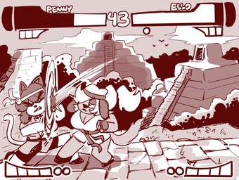 accessory anthro big_breasts bottomwear breasts cleavage clothed clothing duo eyes_closed female fight footwear gameplay_mechanics gui hair hair_over_eye half-closed_eyes headband health_bar high_heels keikogi kerchief kneeling martial_arts_uniform narrowed_eyes one_eye_obstructed outside ponytail punch shoes short_hair shorts sportswear standing anaugi ello_(anaugi) penny_(anaugi) canid canine canis domestic_cat domestic_dog felid feline felis mammal 2020 hi_res monochrome