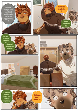 ^_^ anthro bed bed_covers bedding bedroom black_clothing black_sweater black_topwear bookshelf brown_body brown_fur brown_hair chair clothing conjoined_speech_bubble desk dialogue dresser duo eighth_note eyes_closed facial_hair fingerless_(marking) fur furniture goatee green_speech_bubble hair hangars holding_object holding_suitcase humming male notched_ear office_chair orange_speech_bubble pillow portrait_(object) scratching smile speech_bubble suitcase sweater table tan_body tan_fur tan_hair text topwear white_clothing white_sweater white_topwear booboo34 james_sanchez theo_anderson equid equine horse hyena mammal spotted_hyena 2026 absurd_res comic english_text hi_res