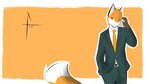 ;3 anthro blazer brown_pawpads clothing collared_shirt dress_pants dress_shirt fur green_eyes long_sleeves looking_at_viewer male necktie one_eye_closed orange_background orange_body orange_fur orange_tail pawpads raised_hand shirt simple_background solo standing suit tail text topwear tohfu fayt_(tohfu) canid canine fox mammal 16:9 character_name widescreen