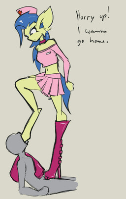 anthro anthro_dominating_human blue_hair boots bottomwear clothed clothing cock_and_ball_torture digitigrade dominant dominant_female duo eyeshadow feet female foot_fetish footwear fur genital_torture green_body green_fur grey_background hair hat headgear headwear high_heels human_on_anthro inner_ear_fluff interspecies larger_female makeup male navel nurse pink_bottomwear pink_clothing pink_hat pink_headwear pink_skirt shoes simple_background size_difference skirt smaller_male text tuft celera_prime anon cookie_(celera_prime) human mammal english_text