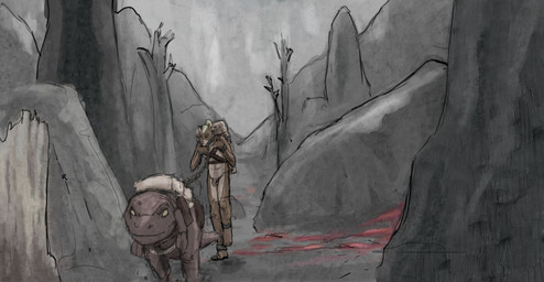 anthro backpack balls bound chain chained chained_to_animal cloud duo feral flaccid fur genitals harness male mountain nude nude_male outside penis rock slave tail walking jeri_kleinlowe microsoft the_elder_scrolls felid guar khajiit mammal species_request 2022 colored