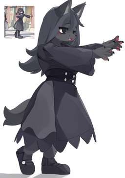 5_fingers alternate_species anthro black_body black_clothing black_dress black_eyes black_footwear black_hair black_shoes blush claws clothed clothed_anthro clothed_female clothing dress eye_through_hair eyebrow_through_hair eyebrows female female_anthro fingers footwear fully_clothed fully_clothed_anthro fully_clothed_female fur furrification grey_body grey_fur grey_tail hair hair_between_eyes kemono long_hair open_mouth outstretched_arms pawpads pink_pawpads shoes snout solo spiral spiral_eyes tail translucent translucent_hair walking yenamika nintendo pokemon hex_maniac canid canine canis mammal wolf 2025 absurd_res hi_res