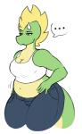 anthro belly big_belly biped blonde_hair bottomwear bra breasts brown_eyes cleavage clothed clothing curvy_figure denim denim_bottomwear denim_clothing female female_anthro green_body green_scales hair horn jeans mohawk non-mammal_breasts pants scales shirtless shirtless_anthro shirtless_female simple_background slightly_chubby solo tail thick_tail thick_thighs underwear voluptuous wide_hips digitalpelican mythology sasha_(digitalpelican) dragon mythological_creature mythological_scalie scalie digital_drawing_(artwork) digital_media_(artwork) portrait three-quarter_portrait