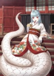 albino apode asian_clothing blue_hair bottomless box clothed clothing container east_asian_clothing female hair japanese_clothing kimono leaning leaning_backward legless looking_at_viewer monster_girl_(genre) pale_skin red_eyes serpentine shrine solo split_form steps tongue eichisu animal_humanoid draconcopode humanoid lamia nagini reptile reptile_humanoid scalie scalie_humanoid snake snake_humanoid hi_res