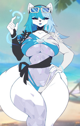 anthro big_breasts biped blue_hair breasts clothed clothing cosplay crotch_tuft eyelashes female front_view fur hair pubes pupils smile solo tail thick_thighs tuft under_boob white_body white_clothing wide_hips lyorenth-the-dragon marvel marvel_rivals luna_snow canid canine fox mammal hi_res