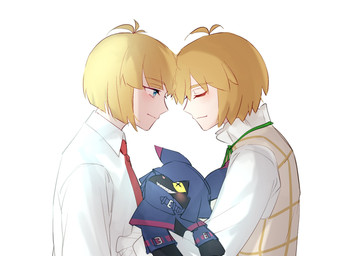 anthro black_body black_fur blonde_hair blue_eyes blush cloak clothing cowl fur grin group hair male sharp_teeth smile teeth trio wings yellow_eyes noire02_a bandai_namco digimon digimon_beatbreak makoto_kuonji tsukasa_kuonji chiropmon digimon_(species) human mammal hi_res brother_(lore) brothers_(lore) sibling_(lore) twins_(lore)