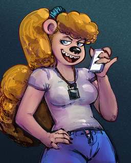 5_fingers anthro black_nose blonde_eyebrows blonde_hair blue_bottomwear blue_clothing blue_eyes blue_jeans blue_pants bottomwear braces breasts bully cellphone claws clothed clothed_anthro clothed_female clothing curly_hair denim denim_bottomwear denim_clothing electronics eyebrows eyelashes female female_anthro finger_claws fingers fur hair hand_on_hip hand_on_own_hip holding_cellphone holding_object holding_phone holding_smartphone jeans jewelry lock long_hair medium_breasts necklace open_bottomwear open_clothing open_pants padlock padlock_necklace panties pants phone red_tongue round_ears shirt short_sleeves smartphone smile smirk solo tan_body tan_fur teeth tongue topwear underwear white_clothing white_panties white_shirt white_topwear white_underwear candybastard krista_blonde bear mammal 2024 dialogue_in_description hi_res
