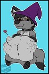 ambiguous_gender ambiguous_prey anthro belly belly_fur big_belly clothing collar hand_on_belly happy hat headgear headwear heart_symbol male male_pred navel same_size_vore sitting squirming vore wizard_hat acewolfy1996 dark_(darkfigure) canid canine canis mammal wolf 2016 2:3 hi_res watermark