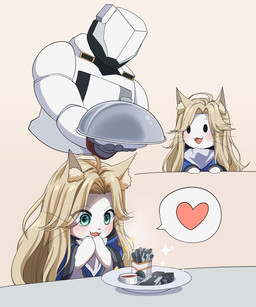 5_fingers alternate_species anthro black_eyes blonde_hair blue_clothing blue_eyes blush blush_lines bodily_fluids cat_smile clothed clothing computer_chip cute_fangs dipping_sauce drooling duo fangs female fingers fur furniture furrification hair happy heart_reaction heart_symbol holding_object inner_ear_fluff long_hair looking_at_another machine male napkin open_mouth open_smile plate saliva serving serving_tray simple_background smile spacesuit sparkles speech_bubble table teeth tuft whiskers white_body white_fur yellow_body yellow_ears yellow_fur yellow_inner_ear_fluff young young_anthro young_female j_humbo capcom pragmata diana_(pragmata) hugh_williams_(pragmata) android domestic_cat felid feline felis human mammal robot 2026 absurd_res hi_res