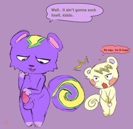 animal_genitalia animal_penis anthro balls biped covering covering_crotch covering_self dialogue duo erection front_view genitals male male/male male_anthro nude nude_anthro nude_male penis shocked speech_bubble standing stare tapering_penis text touching_own_penis touching_penis zipzupper animal_crossing nintendo marshal_(animal_crossing) static_(animal_crossing) mammal rodent sciurid digital_drawing_(artwork) digital_media_(artwork)