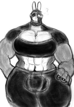 abs anthro bulge clothed clothing gynomorph intersex looking_at_viewer muscular muscular_anthro muscular_gynomorph muscular_intersex question_mark simple_background skimpy solo standing white_background peculiart ruth_(peculiart) hare humanoid lagomorph leporid mammal black_and_white hi_res monochrome