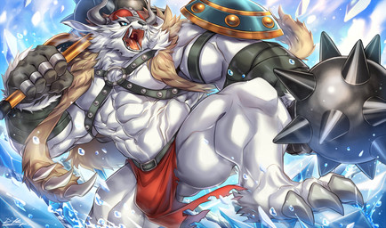 anthro armor bottomwear bulge clothing detailed_background fur headgear helmet humanoid_hands loincloth male muscular muscular_male outside pecs shield solo viking_helmet water weapon white_body white_fur rabbity bandai_namco digimon digimon_(species) mammal vikemon 2021 hi_res