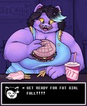 2024 4_fingers anthro bag belly big_breasts black_hair black_nose blue_clothing blue_overalls blush breasts burger catty_(undertale) cleavage clothed clothing container cup dated digital_media_(artwork) domestic_cat double_chin drinking_straw ear_piercing ear_ring eyebrow_through_hair eyebrows eyelashes felid feline felinehexes felis female fingers food fries front_view fur hair half-length_portrait happy hi_res highlights_(coloring) holding_burger holding_food holding_fries holding_object mammal multicolored_hair open_mouth open_smile overalls overweight overweight_anthro overweight_female piercing pink_tongue portrait purple_body purple_fur ring_piercing shaded signature smile snout soft_shading solo teeth text_box tongue tongue_out translucent translucent_hair two_tone_hair undertale_(series) white_hair white_highlights yellow_sclera