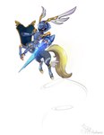 ambiguous_gender armor clothed clothing gold_(metal) hair hooves ponytail simple_background solo tail rinkamo palworld pocketpair pal_(species) paladius taur 2024 absurd_res digital_media_(artwork) hi_res signature