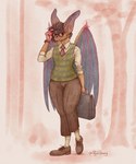 abstract_background anthro bat_ears bat_wings biped bottomwear brown_bottomwear brown_clothing brown_hair brown_pants clock clothing curly_hair footwear hair holding_briefcase male membrane_(anatomy) membranous_wings necktie pants red_necktie shirt shoes socks solo standing topwear vest watch white_clothing white_footwear white_shirt white_socks white_topwear wings wristwatch pynkpommy bat mammal digital_media_(artwork) hi_res signature