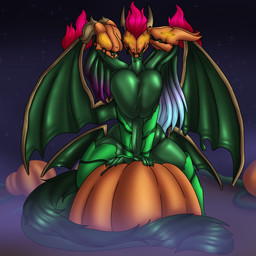 3_heads after_merge after_transformation anthro big_breasts bodily_fluids breasts drooling female food for_a_head fruit fur_ridge glowing glowing_eyes goo_transformation green_body hair huge_breasts looking_at_viewer merge_transformation merging multi_head plant pumpkin pumpkin_head red_hair saliva solo submissive submissive_anthro submissive_female tail thick_thighs transformation wings yellow_eyes koekoek european_mythology greek_mythology mythology aisha_lauer emanuela_(dragonmaster2653) veneca_burnstone dragon elemental_creature flora_fauna hydra living_pumpkin mythological_creature mythological_scalie object_head scalie 1:1 2025 english_description hi_res story story_in_description