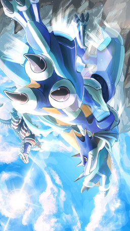 anthro blue_body blue_scarf claws flying horn male membrane_(anatomy) membranous_wings scarf sky skyscape solo winged_arms wings tartarte_tatin bandai_namco digimon digimon_(species) ginryumon kausgammamon 9:16 hi_res