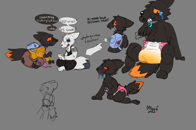 ambiguous_gender angry anthro backpack black_body black_bottomwear black_clothing black_fur black_pants black_sclera black_shirt black_sweatpants black_tank_top black_topwear blue_backpack blue_pupils blush bodily_fluids bottomwear brown_bottomwear brown_clothing brown_pants brown_sweatpants clothing crying diaper dipstick_tail drooling duo fur genital_fluids gesture hand_gesture humiliation markings naive object_in_mouth orange_body orange_fur orange_sclera orange_tail_tip pacifier pacifier_in_mouth pants pink_diaper pink_scarf pointing pointing_at_another pupils questioning saliva scarf shirt simple_background simple_coloring solo sweater sweatpants sweatshirt tail tail_markings tank_top tears text topwear unclean_diaper urine used_diaper waving wet_diaper yellow_clothing yellow_sweater yellow_topwear mao06 casualties:_unknown expie_(gunsawian) gunsawian milky_(gunsawian) colored english_text hi_res signature sketch