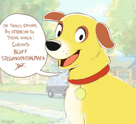 ambiguous_gender black_nose brown_ears brown_eyeshadow collar feral freckled_face freckles fur red_collar solo speech_bubble text toony white_chest yellow_body yellow_fur higglytownhero martha_speaks martha_lorraine canid canine canis domestic_dog mammal mixed_breed english_text female_(lore)