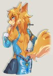 alternate_species anthro armwear backless_clothing blue_eyes clothing ear_piercing ear_ring femboy frostbite_armor fur furrification hair long_hair male piercing ring_piercing simple_background solo altern015 nintendo tears_of_the_kingdom the_legend_of_zelda link canid canine canis mammal wolf 2023 absurd_res hi_res signature