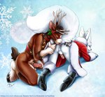 all_fours anal anthro antlers anus balls butt canid canine clothing costume deer duo etheras fox genitals harness hooves horn humanoid_genitalia humanoid_penis male male/male mammal moodyferret new_world_deer oral penis raised_tail reindeer rimming santa_costume sex slim tail
