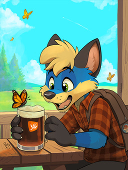 alcohol ambiguous_feral ambiguous_gender anthro arm_tuft backpack beer beverage black_nose blonde_hair blue_body blue_fur brown_backpack cheek_tuft clothed clothing elbow_tuft facial_tuft fangs feral fur furniture glistening glistening_eyes glistening_nose green_eyes group hair happy male male_anthro open_mouth open_smile plant red_clothing red_topwear short_hair sitting sky smile solo_focus table teeth topwear tree tuft yellow_body yellow_fur young young_anthro young_male pandapaco arthropod butterfly canid canine insect lepidopteran mammal hi_res