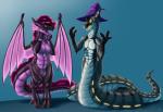 apode biped blue_background breasts clothing duo female hat headgear headwear legless male non-mammal_breasts serpentine simple_background standing tail wings witch_hat zarakon mythology aliradan kieran_(darkfigure) draconcopode dragon hybrid mythological_creature mythological_scalie naga reptile scalie snake synth_(vader-san)