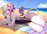 anthro beach bulge clothed clothing crossdressing digital_media_(artwork) felid femboy fully_clothed fur hair heterochromia iwbitu lion looking_at_viewer lying male mammal multicolored_hair on_side one-piece_swimsuit outside pantherine piercing rainbow_hair seaside shaded small_waist smile solo sport_swimsuit swimwear thick_thighs white_body white_fur wide_hips