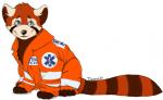 blue_eyes brown_body brown_fur clothing feral fur hair jumpsuit male paramedic simple_background smile solo dunnowhattowrite ailurid mammal red_panda