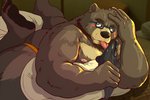 anthro belly blush brown_body brown_fur butt clothing eyewear food fur glasses humanoid_hands kemono licking lying male moobs nipples overweight overweight_anthro overweight_male solo tongue tongue_out underwear raichoclub bear mammal 2020