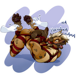 4_toes anthro bdsm biped bodily_fluids bondage bound crying disembodied_hand feet fur hair helpless hindpaw male muzzle_(object) muzzled pawpads paws restraints rope rope_bondage rope_harness simple_background solo tears tickle_torture tickling toes wide_eyed wootersa hyena mammal 1:1 hi_res