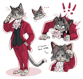 accessory alternate_species angry anthro bangs black_dress_shirt black_undershirt bottomwear circle_eyebrows clothed clothing collared_shirt dialogue dress_pants dress_shirt ellipsis exclamation_point eyebrows frilly frilly_clothing frustrated fur furrification grey_body grey_fur grey_hair hair inner_ear_fluff male markings multicolored_body multicolored_fur necktie nya pants paw_pose pawpads paws pink_inner_ear pink_nose pink_paws pose red_bottomwear red_clothing red_pants red_suit shirt simple_eyes solo striped_markings striped_tail stripes suit tail tail_markings text topwear tuft whiskers white_body white_eyebrows white_fur white_inner_ear_fluff faintsun ace_attorney capcom miles_edgeworth domestic_cat felid feline felis mammal english_text